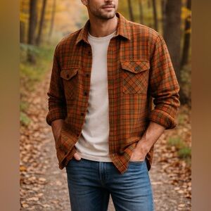 Stoic Plaid Flannel Shirt Jacket Medium Orange Brown Button Down NWT